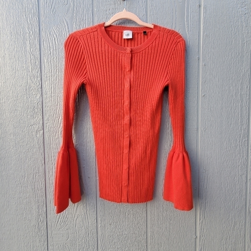 CAbi Ribbed Knit Button Down Flare Sleeve Cardigan Sweater Minimalist Careerwear